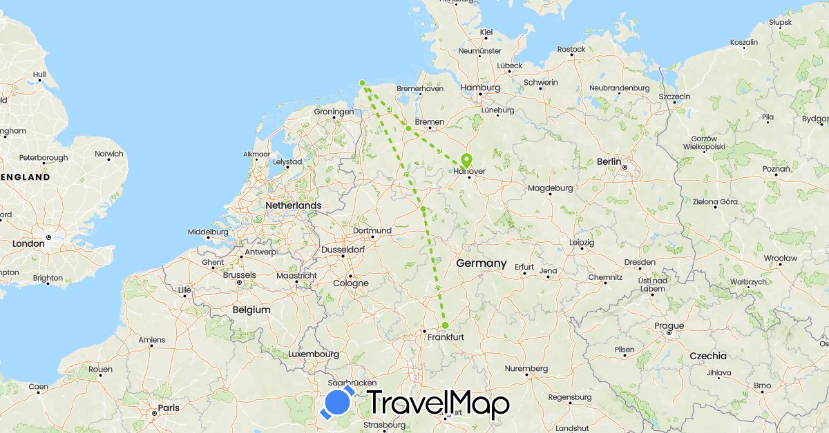 TravelMap itinerary: electric vehicle, flight plan in Germany (Europe)