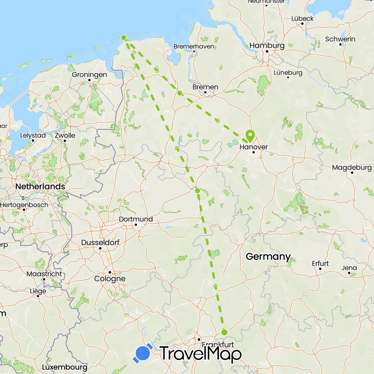 TravelMap itinerary: electric vehicle, flight plan in Germany (Europe)